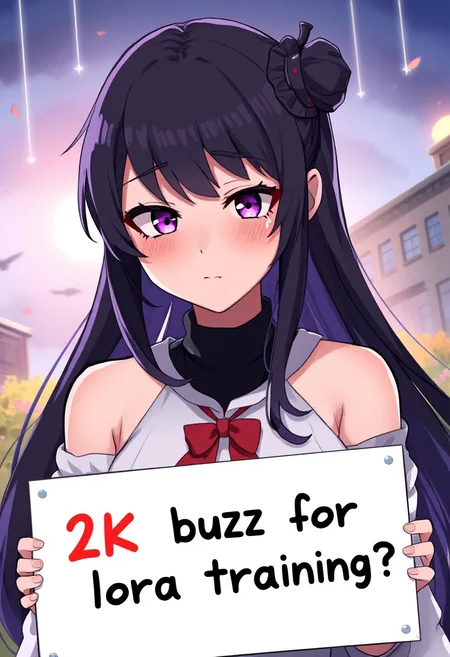 sehele style, fca_style, anime, crying with tears woman witn black hair and purple eyes holding sign with text "2K buzz for lora training?"