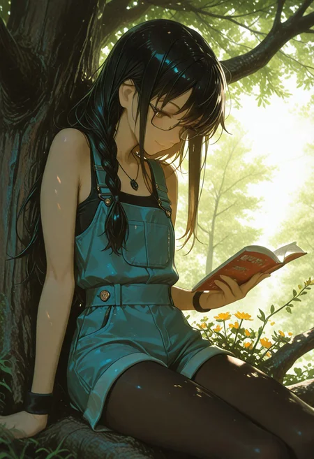 masterpiece, best quality, (anime coloring:1.2), dynamic lighting, volumetric lighting, ambient light, soft light, 
solo, 1girl, japanese, tank_top, (white yuuji_overall:1.15), sitting_in_tree, dappled_sunlight, reading, (light_smile:0.85), square glasses, wristband, very_long_hair, braided_bangs, pendant, slim_legs, flat_chest, black_pantyhose, legs_folded, complementary_colors, scenery, sidelighting, black_hair, dogwood_\(flower\), strap_on, masterpiece, best quality, good quality,
high detail, sharp shading, centered composition, soft shadows