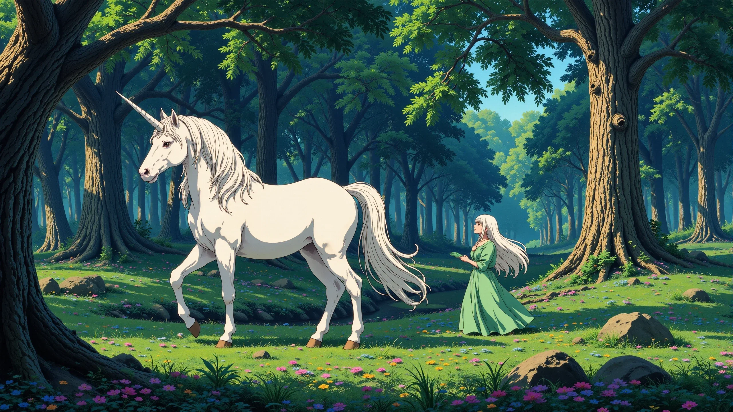 an unicorn in a fantasy forest beautiful  landscape, day, woman, very intricate, very detailed, sharp, bright, colorful, <lora:Hand v2:0.5> <lora:Anti-Blur:1><lora:Insane Detail Slider:0.25>  <lora:flux.1_lora_flyway_Epic-detail_v2:0.3> <lora:fluxenhancer:0.25> <lora:Anime_style:0.6> anime style