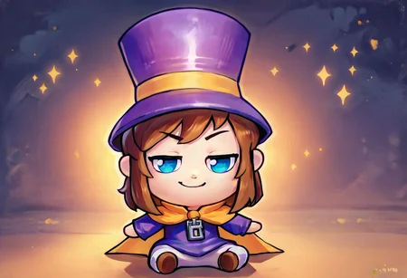 score_9_up, score_8_up, score_7_up, score_6_up, shading, fumo \(doll\), chibi, sitting, smug, 1girl, solo, hk_prime, yellow cape, white pants, purple outfit, blue eyes, purple top hat, brown hair