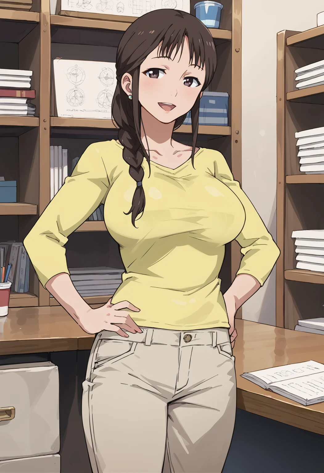 segawamisato, 1girl, solo, , single braid, khaki pants, hair over shoulder, long hair, looking at viewer, , large breasts, yellow shirt, brown hair, collarbone, long sleeves, (cowboy shot:1.5), smile,standing, desk, bookshelf, hands on own hips, ,black eyes,open mouth, , closed mouth,mature female, <lora:segawamisato_ponyV2_new6:1>, , score_9, score_8_up, score_7_up, score_6_up, score_ANIME,