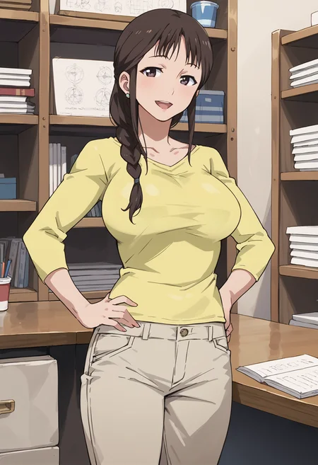 segawamisato, 1girl, solo, , single braid, khaki pants, hair over shoulder, long hair, looking at viewer, , large breasts, yellow shirt, brown hair, collarbone, long sleeves, (cowboy shot:1.5), smile,standing, desk, bookshelf, hands on own hips, ,black eyes,open mouth, , closed mouth,mature female, <lora:segawamisato_ponyV2_new6:1>, , score_9, score_8_up, score_7_up, score_6_up, score_ANIME,