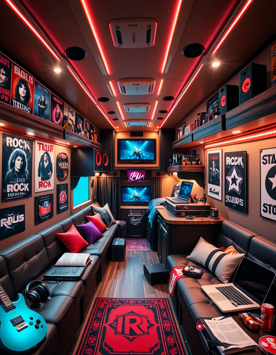 The interior of a modern RV customized for a rock band on tour. The space is stylish and lived-in, filled with musical gear like guitar cases, amps, and a drum pad. Posters of famous rock bands and tour memorabilia cover the walls. There are leather couches, a small kitchenette with snacks and energy drinks, and a cluttered table with laptops, cables, and setlists. A narrow hallway leads to sleeping bunks with personal items like headphones, books, and clothes tossed around. The lighting is warm with LED strips in red and purple tones, giving it a cozy but edgy atmosphere. A small TV displays concert footage, and speakers are mounted on the ceiling. The whole scene feels energetic, artistic, and chaotic in a creative way. Realistic style, rich colors, and highly detailed environment.
<lora:SDXLFaeTastic2400:0.4> <lora:extremely_detailed:0.4> extremely detailed <lora:r0ck_b4nd_rv:1>r0ck b4nd rv, Masterpiece,best quality,hi res,8k,hi res,8k,award winning,(sharp focus, intricate, highly detailed),