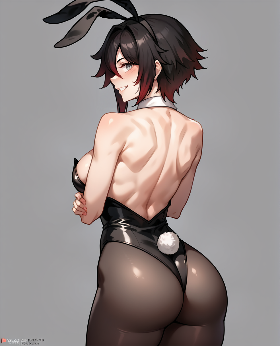 score_9, score_8_up, score_7_up, <lora:bluefieldV1:0.85>
ruby rose, 1girl, alternate breast size, animal ears, arms under breasts, ass, back, back focus, backless leotard, bare shoulders, black hair, black leotard, black pantyhose, blush, breasts, cowlick, detached collar, fake animal ears, fake tail, fingernails, from behind, gradient hair, grey background, grey eyes, grin, highleg, highleg leotard, large breasts, leotard, looking at viewer, looking back, median furrow, multicolored hair, pantyhose, playboy bunny, profile, rabbit ears, rabbit tail, red hair, shiny clothes, short hair, shoulder blades, sideboob, simple background, smile, solo, strapless, strapless leotard, tail