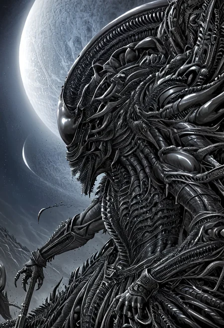 A closeup of fantastical image of a Xenomorph knight, clad in flowing, flowing robes, wielding an ornate, ornate blade. they wield the sword in a fluid, dynamic motion. The moon's reflection highlights their magical power, solo, wide angle, art by hr giger