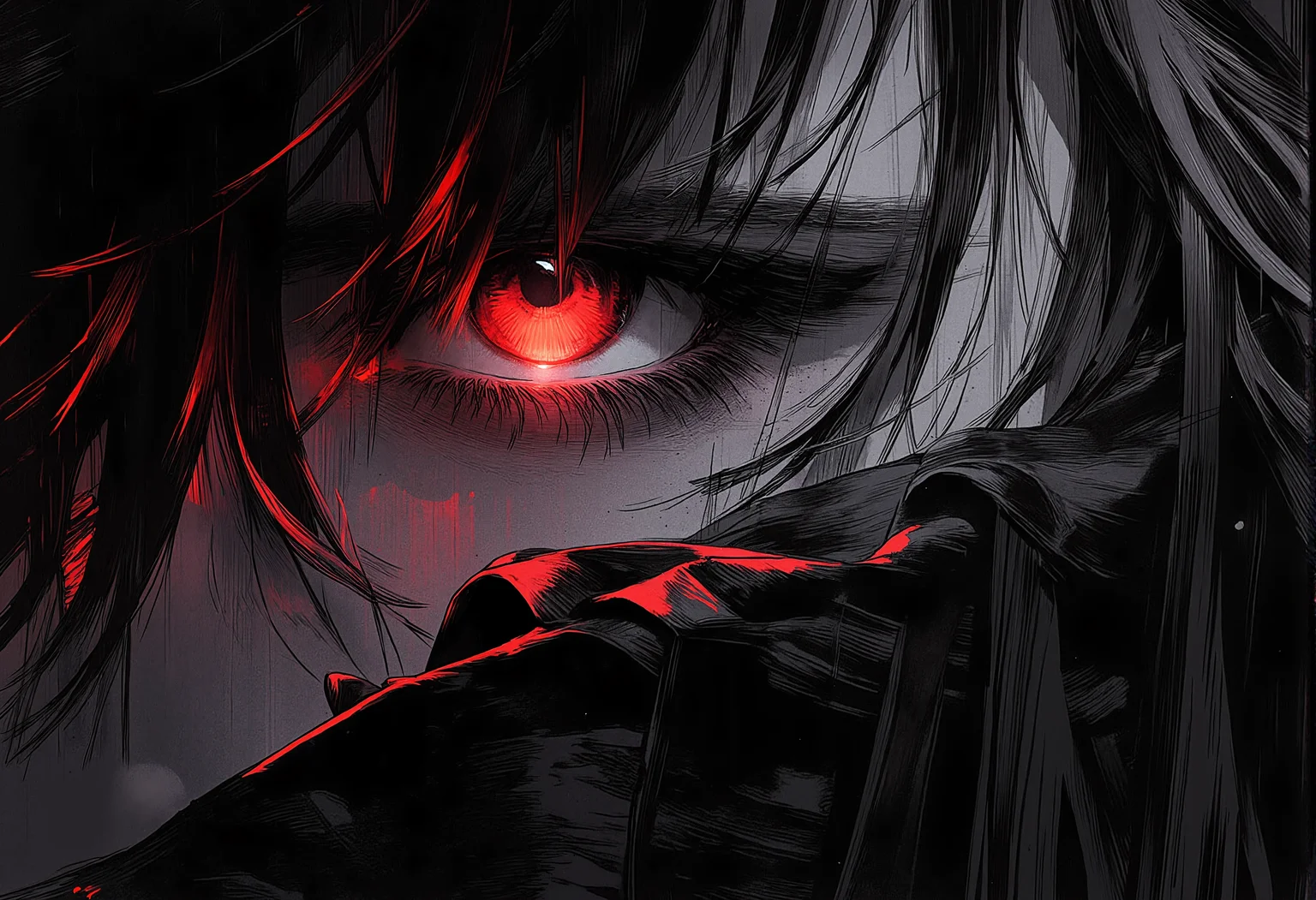 bv-anibrush, xslx scribble. A close-up of a strikingly beautiful young woman in a dark, futuristic dystopian cityscape at night, her salt and pepper hair flowing slightly disheveled, blending into the shadows. The faint glow of distant neon signs reflects off her sharp facial features. Her glowing eyes pierce through the surrounding darkness, capturing a sense of intensity and focus. The camera focuses on her face and hair, highlighting her determined expression and the subtle roughness of the art style with sketch-like textures, seen from slightly from behind, her hair framing her face as she looks over her shoulder, <lora:bv-anibrush-v1-flux.safetensors:1.0:1.0> <lora:Risograph_Style_FLUX_by_Ethanar-000001.safetensors:1.0:1.0> <lora:scribble-flux-v1.safetensors:0.5:0.5>