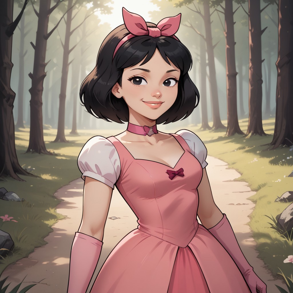 score_9, score_8, BREAK, solo, total drama, 1girl, black hair, pink hair bow, black eyes, lips, pink choker, pink short dress, light pink gloves, pink footwear, Ella_(Total_Drama), tdpi, cute, sexy pose, self portrait, smile, outdoors, sunlight, shadows, evening lighting, natural lighting, forest, trees, grass, orange sky, sunset
