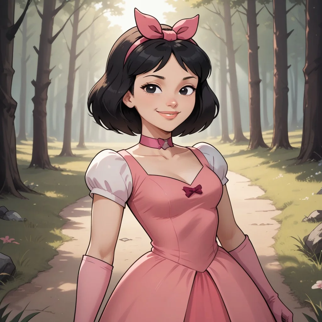 score_9, score_8, BREAK, solo, total drama, 1girl, black hair, pink hair bow, black eyes, lips, pink choker, pink short dress, light pink gloves, pink footwear, Ella_(Total_Drama), tdpi, cute, sexy pose, self portrait, smile, outdoors, sunlight, shadows, evening lighting, natural lighting, forest, trees, grass, orange sky, sunset