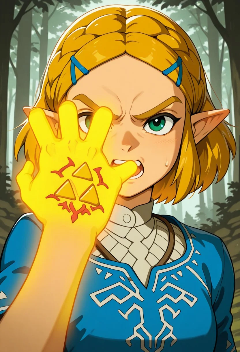 masterpiece, best quality, amazing quality BREAK zelda1x, blue tunic, shyai_fin, hand up, glowing hand, triforce hand tattoo, open mouth, forest, close up, angry, <lora:Zelda:1>