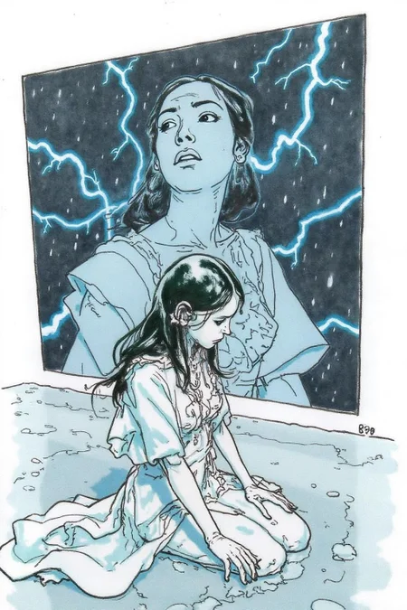 kj9 illustration.
Shot from the side, surreal, overhead shot of a a woman with long, dark hair, kneeling on a reflective, wet surface under intense rain and lightning. She wears a flowing, white dress. she gazes forward with an intense, almost sorrowful expression. Behind her, a massive screen displays a haunting image of the same woman, layered with flashes of lightning, adding a surreal, dreamlike quality.
The background is stark white. <lora:kj91_cap_d6a3e12:1.0><lora:819912246386792971:0>