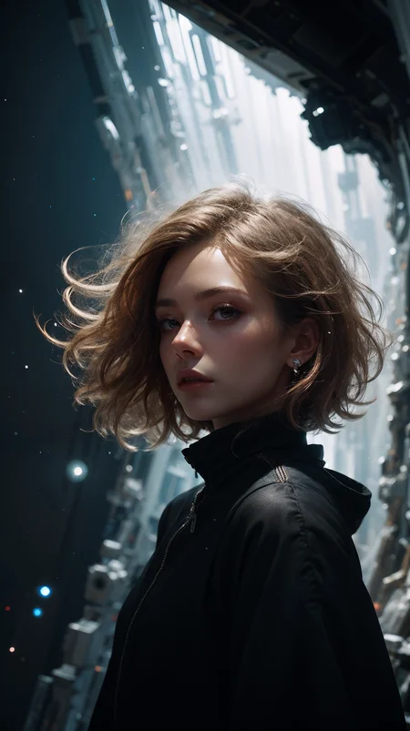 1girl, cosmic, black dress, glass, <lora:Hellasthetic v2:0@0:1@0.1>, 1girl, silver, fractal_art, Space-time distortion, Horizon, Colony, backlighting, elegant, Glowing white hair, black planet generator, High ceiling, Ice Planet, Planet Collision, blizzard crystal, winid, storm, float, close-up, Blue light line, collapse, 35mm photograph, film, bokeh, professional, 4k, highly detailed, <lora:epiC35mm:0.9>, lens flare,