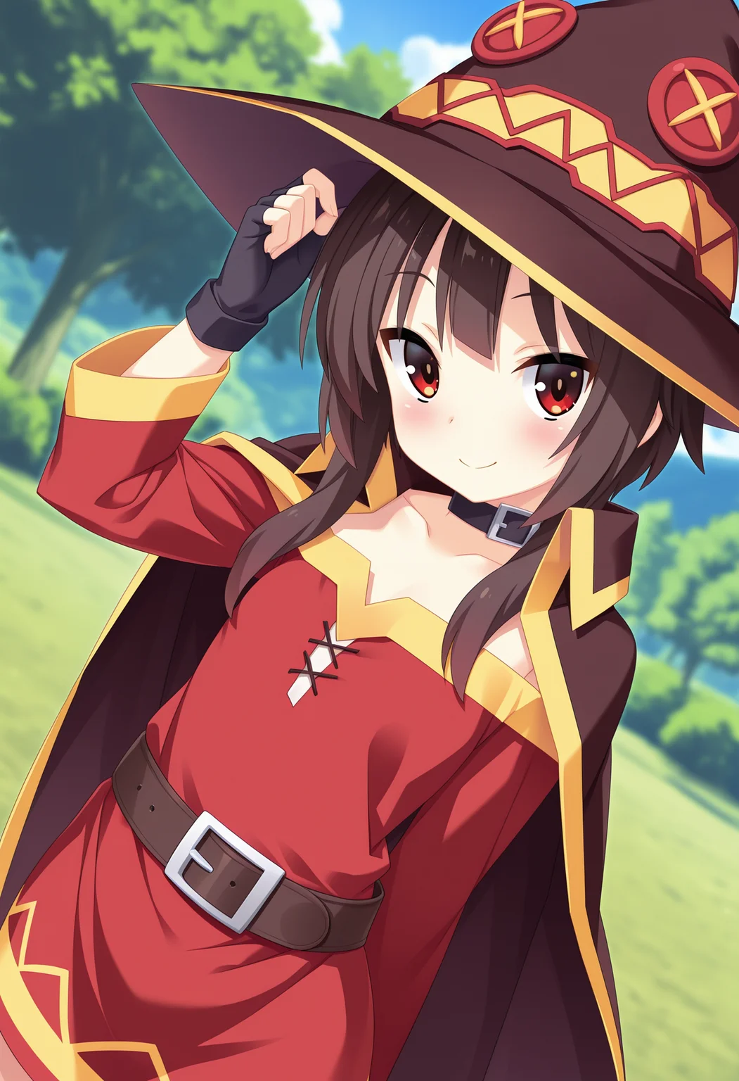 (best quality , masterpiece, good quality), sfw, general, 1girl, solo, megumin, witch hat, dutch angle, blush, smile, looking at viewer, <lora:kannagireistyle_ilxl:1>, kannagireistyle,
