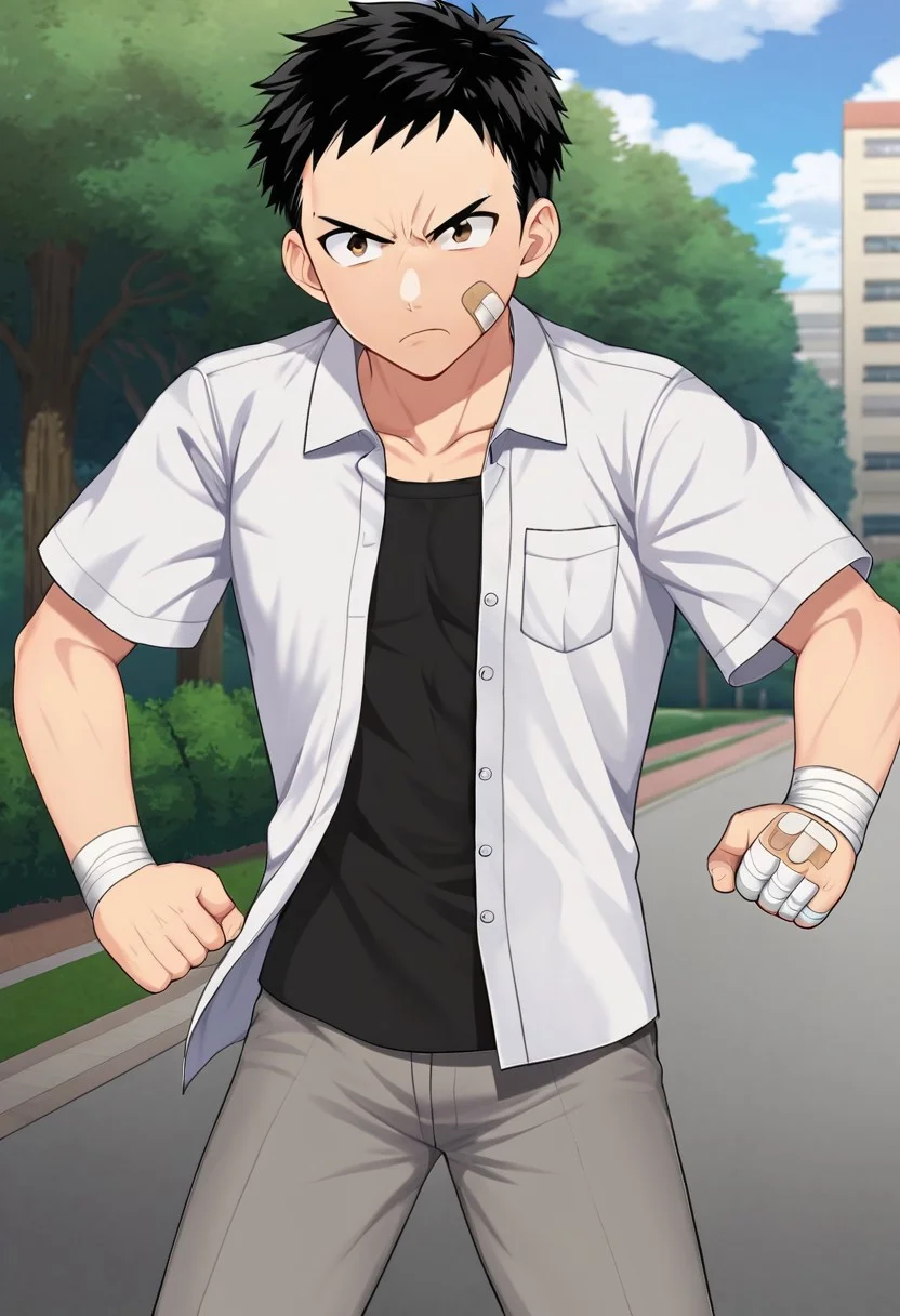 harmard, black hair, short hair, brown eyes, 1boy, solo, solo focus, wear white shirt, unbuttoned shirt, chest pocket, black t-shirt, grey pants, plaster on cheek, bandage on hands, at park, outdoor, fight pose, furious expression