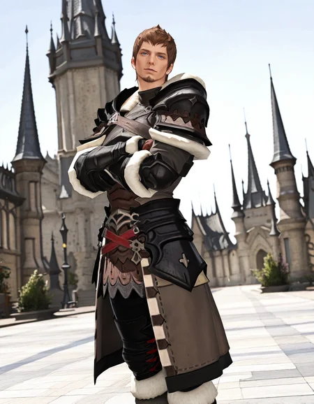 masterpiece, best quality, newest, perfect quality, best quality, detailed background, intricate details, male focus, solo, photorealistic, <lora:FFXIV - Ardbert Hylfyst - Illustrious 2_3-000004:0.7>, ardbert_ffxiv, 1boy, mature male, short hair, brown hair, blue eyes, goatee, fur-trimmed collar, fur-trimmed pauldrons, armor, fur-trimmed gloves, tassets, fur-trimmed boots, standing, crossed arms, from side, looking at viewer, head tilt, outdoors