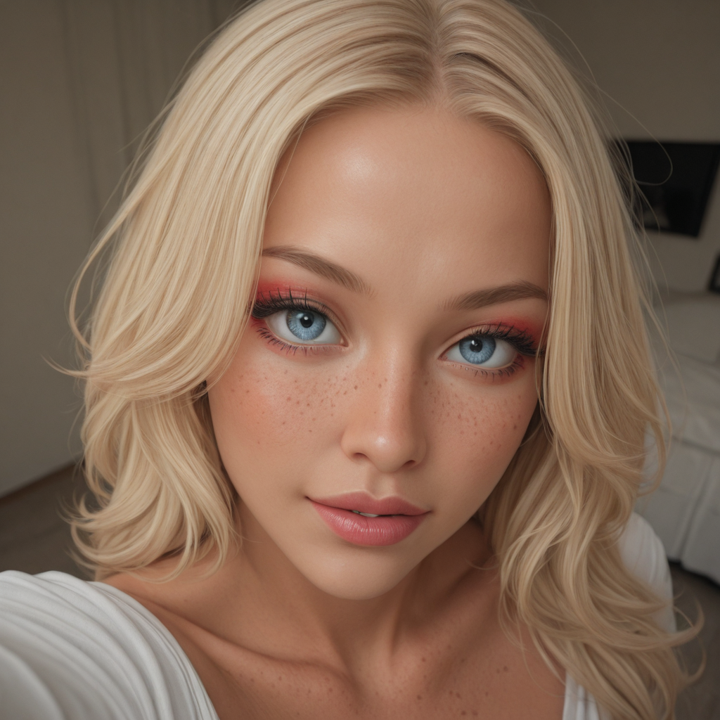 best, masterpiece, Domi with wavy blonde hair and blue eyes, extreme closeup, exotic colorful makeup, model face, model pose, selfie, highly detailed skin texture, freckles, highly detailed photo, professional photograph, dynamic lighting