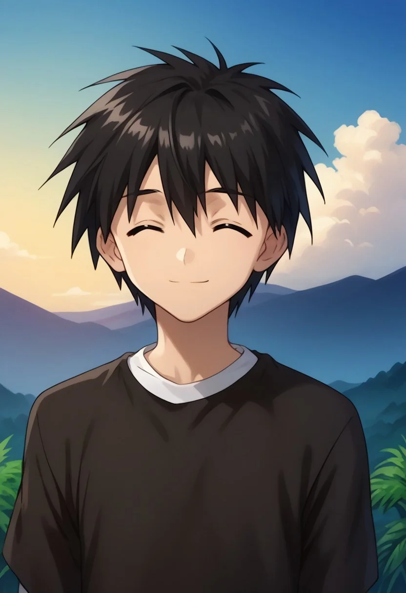 score_9, score_8_up, score_7_up, source_anime, highly detailed,
ikuto, 1boy, male focus, solo, black hair, hair between eyes, closed eyes, shirt, black shirt, white shirt, short over long sleeves,
outdoor, island, palms, sky, upper body, smile,