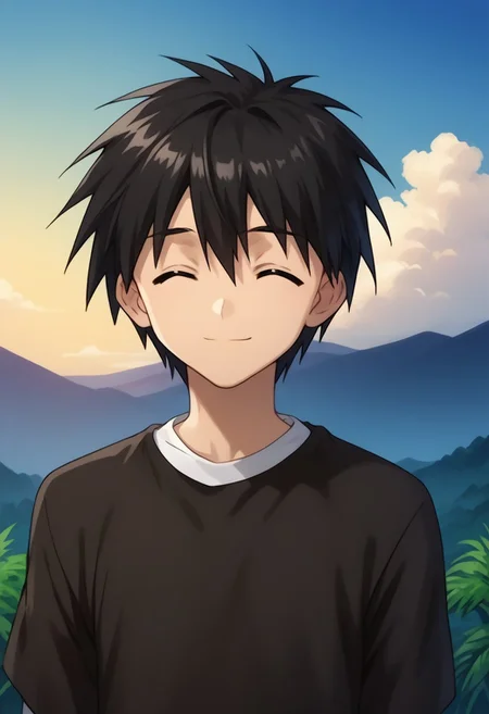 score_9, score_8_up, score_7_up, source_anime, highly detailed,
ikuto, 1boy, male focus, solo, black hair, hair between eyes, closed eyes, shirt, black shirt, white shirt, short over long sleeves,
outdoor, island, palms, sky, upper body, smile,