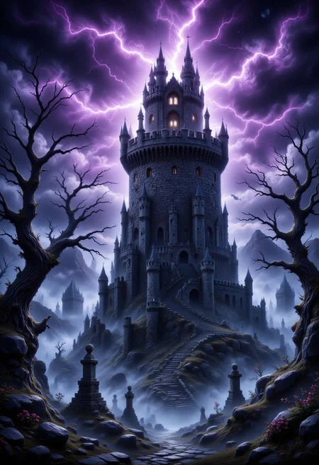 A dark tower looming in the distance, with twisted, jagged architecture, lightning crackling around its spires.
, pinkgloomydoomy, aidmaHalloweenBoost, aidmafluxpro1.1