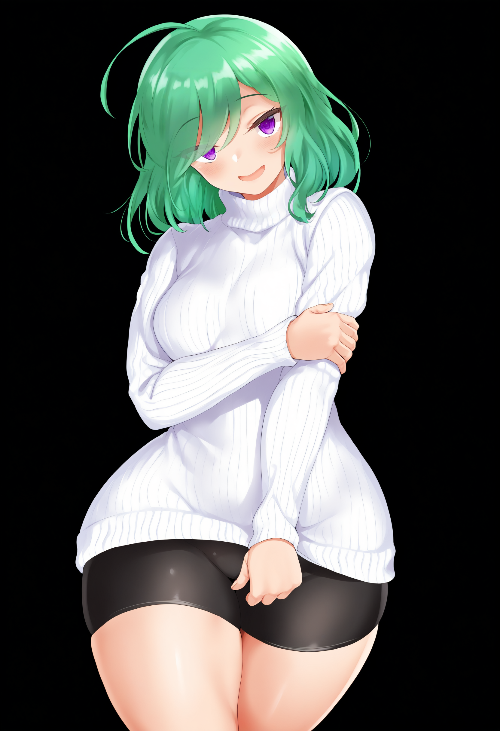 masterpiece, best quality, 1girl,
solo, small breasts, wide hips, thick thighs, shorts, curvy, shiny clothes, turtleneck sweater, green hair, cowboy shot, turtleneck, blush, purple eyes, medium hair, ribbed sweater, smile, white sweater, closed mouth, thighs, breasts, open mouth, bike shorts, black background, arm under breasts, eyes visible through hair, looking at viewer, standing, hand on own arm, ahoge, long sleeves    <lora:cle masahiro:1>