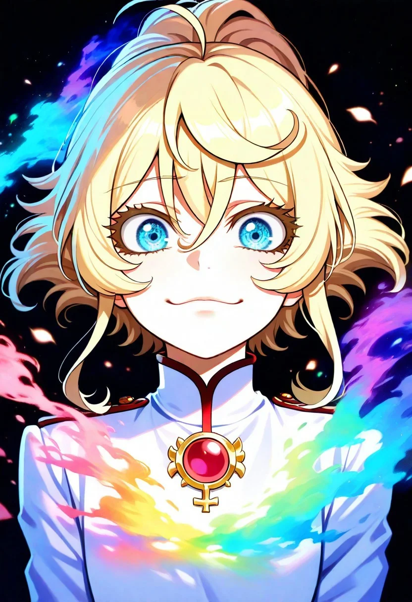 masterpiece, best quality, amazing quality, very aesthetic, absurdres, newest,, 1girl, TanyDegurechaff, elegant military uniform, calm expression, slight smile, blonde hair, cold blue eyes, vibrant magical glows, shimmering uniform, radiant light, upper body visible, head and shoulders visible, ethereal orbs, sparkling particles, delicate flowers, enchanting atmosphere, magic, tranquility., masterpiece, best quality, amazing quality, very aesthetic, absurdres, newest, soft light, explosion of colors, masterpiece, best quality, colorful, bright, multicolored, bright colors of paint, masterpiece, best quality, amazing quality, very aesthetic, absurdres, lots of multicolored rainbow light, focus on the face, lots of soft light, soft colors, very lots of multicolored rainbow light,