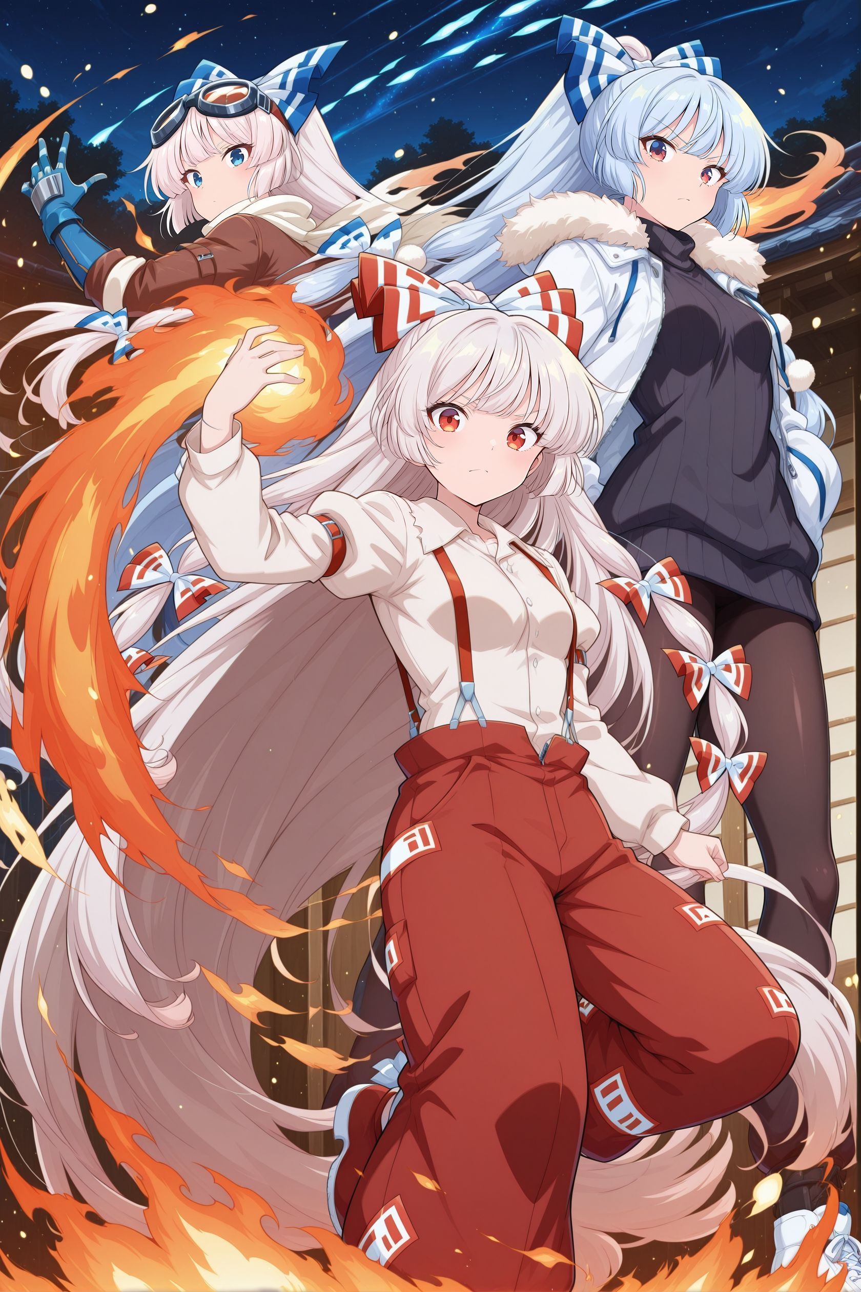 3girls, dynamic pose, outdoors, light particles, looking at viewer, starry sky, serious, fire, danmaku, alongside,
BREAK
absurdres, highres, masterpiece, best quality, amazing quality, official anime artwork, screencap, anime screencap, <lora:Fujiwara-no-Mokou_IllustriousV2:1>
BREAK
fujiwara no mokou, 1girl, solo, blue eyes, white hair, very long hair, small breasts, fujiwara no mokou \(defiant blue phoenix\), alternate costume, hair bow, blue bow, goggles on head, white scarf, brown jacket, open jacket, white shirt, blue gloves, blue pants, belt, black boots, armored gloves,
BREAK
fujiwara no mokou, 1girl, solo, red eyes, white hair, very long hair, small breasts,, hair bow, white bow, white shirt, long sleeves, suspenders, red pants,
BREAK
fujiwara no mokou, 1girl, solo, red eyes, blue hair, white hair, very long hair, small breasts, fujiwara no mokou \(hourai heat pump\), alternate hair color, alternate hairstyle, alternate costume, pom pom \(clothes\), pom pom hair ornament, white coat, fur-trimmed coat, long sleeves, zipper, open coat, black sweater, black pantyhose, white sneakers,
BREAK