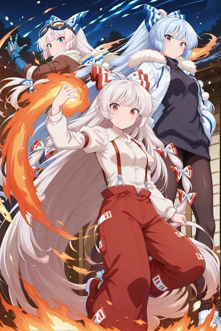 3girls, dynamic pose, outdoors, light particles, looking at viewer, starry sky, serious, fire, danmaku, alongside,
BREAK
absurdres, highres, masterpiece, best quality, amazing quality, official anime artwork, screencap, anime screencap, <lora:Fujiwara-no-Mokou_IllustriousV2:1>
BREAK
fujiwara no mokou, 1girl, solo, blue eyes, white hair, very long hair, small breasts, fujiwara no mokou \(defiant blue phoenix\), alternate costume, hair bow, blue bow, goggles on head, white scarf, brown jacket, open jacket, white shirt, blue gloves, blue pants, belt, black boots, armored gloves,
BREAK
fujiwara no mokou, 1girl, solo, red eyes, white hair, very long hair, small breasts,, hair bow, white bow, white shirt, long sleeves, suspenders, red pants,
BREAK
fujiwara no mokou, 1girl, solo, red eyes, blue hair, white hair, very long hair, small breasts, fujiwara no mokou \(hourai heat pump\), alternate hair color, alternate hairstyle, alternate costume, pom pom \(clothes\), pom pom hair ornament, white coat, fur-trimmed coat, long sleeves, zipper, open coat, black sweater, black pantyhose, white sneakers,
BREAK