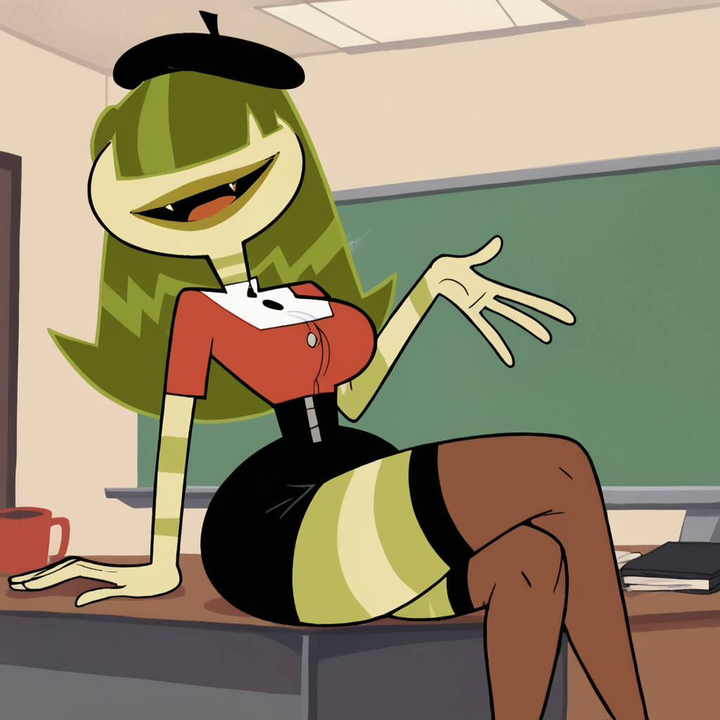 score_9, score_8_up, score_7_up, 1girl, Tammy, covered eyes, hat, beret, green skin, colored skin, green hair, long hair, fangs, medium breasts, narrow waist, wide hips, looking at viewer, office lady, thighhighs, sitting, on desk, crossed legs, highres, high quality, masterpiece, <lora:Tammy:1>