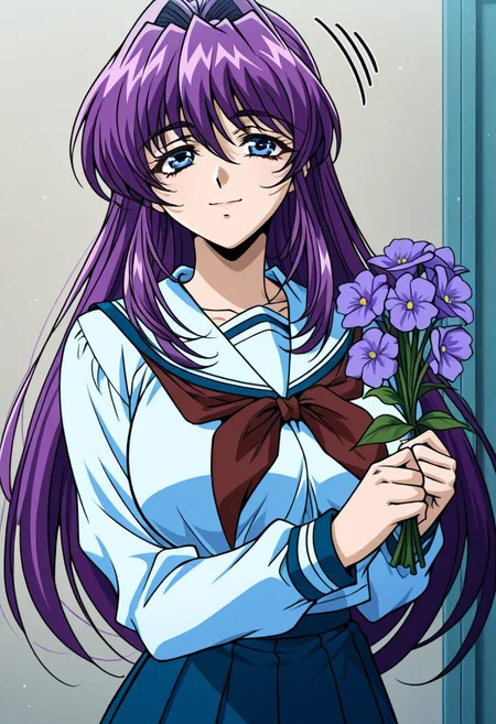 masterpiece, best quality, newest, highres, uncensored, 1girl, yokota mamoru style,1girl,,motion lines
Mikado Shizuru OVA2,1girl, purple hair, long hair, Long hair, Side hair, Spiky Bangs, Violet hair, Waist Length hair,Blue eyes, Hosome eyes,large breasts,slim,
Be happy and hold flowers,gate of school,school uniform,1girl,solo