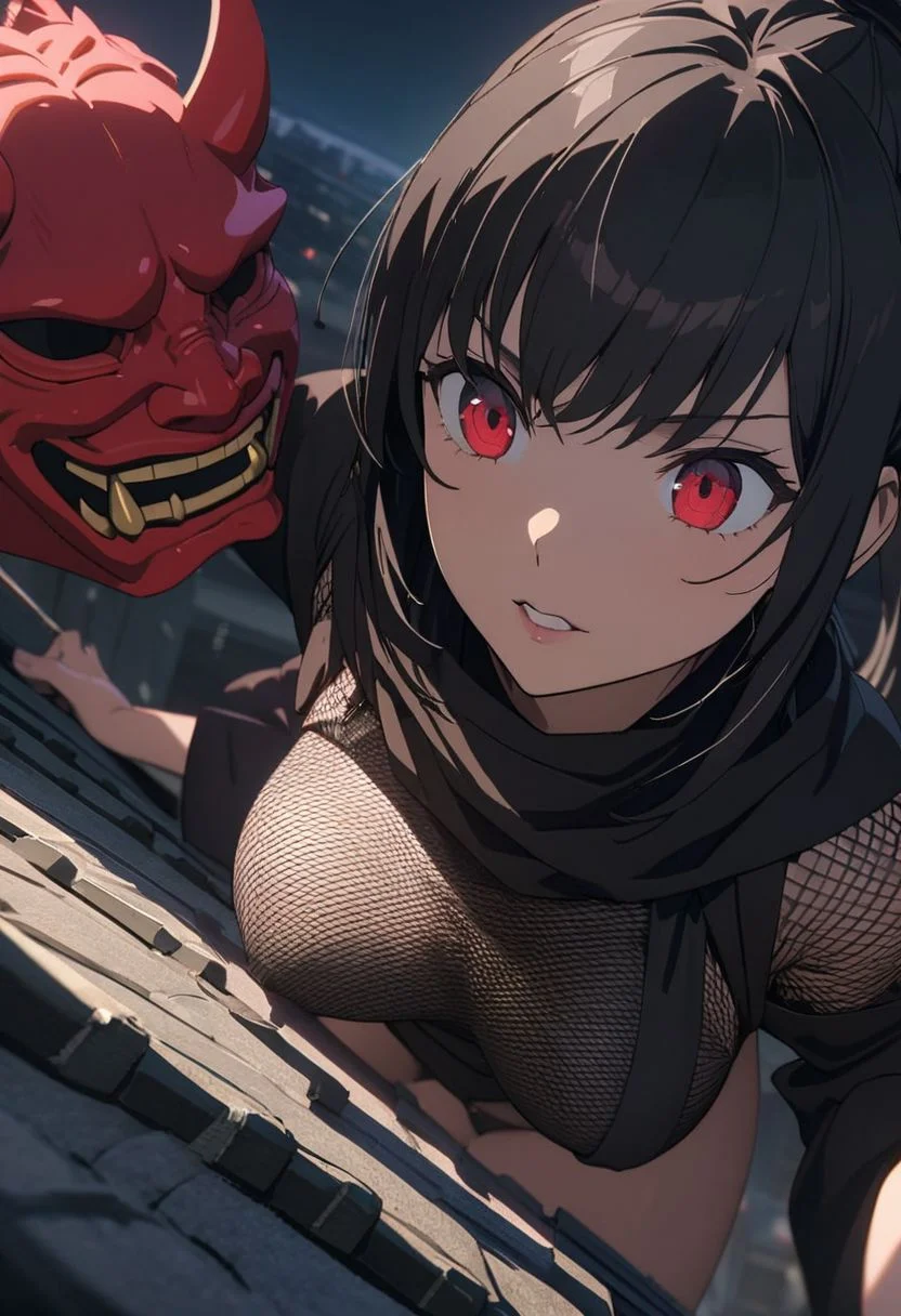 gorgeous lips, cinematic, (masterpiece), (best quality), (ultra-detailed), very aesthetic, illustration, perfect composition, intricate details, absurdres, detailed face, (anime, masterpiece, intricate:1.3), (best quality, hires textures, high detail:1.2), (4k),(incredibly detailed:1.4) 
vibrant colors, 1 girl, masterpiece, best quality, cinematic lighting, 1 shinobi girl, (shinobi), edo city at night, (on top of a roof), (hiding), ninja, low light, dark theme, edo, (oni mask), shinobi outfit, black hair, ponytail, red eyes, dark clothes, shadows, , more prism, vibrant color, dynamic pose, perfect body, fishnet top, nsfw