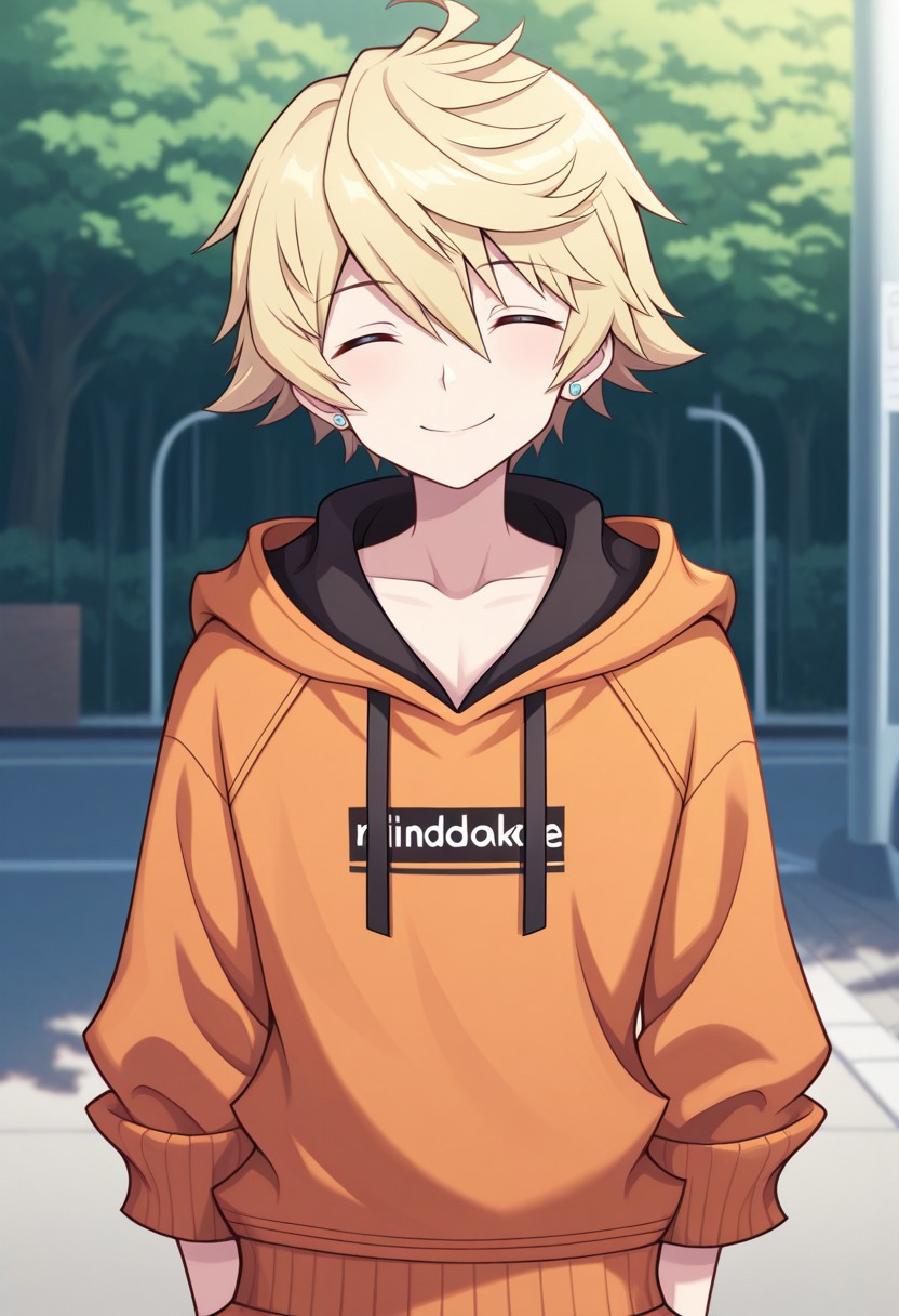 masterpiece,best quality,amazing quality, source_anime,
rindokanade, 1boy, male focus, solo, closed eyes, blonde hair, jewelry, earrings, hoodie, orange hoodie, smile,
outdoor,
