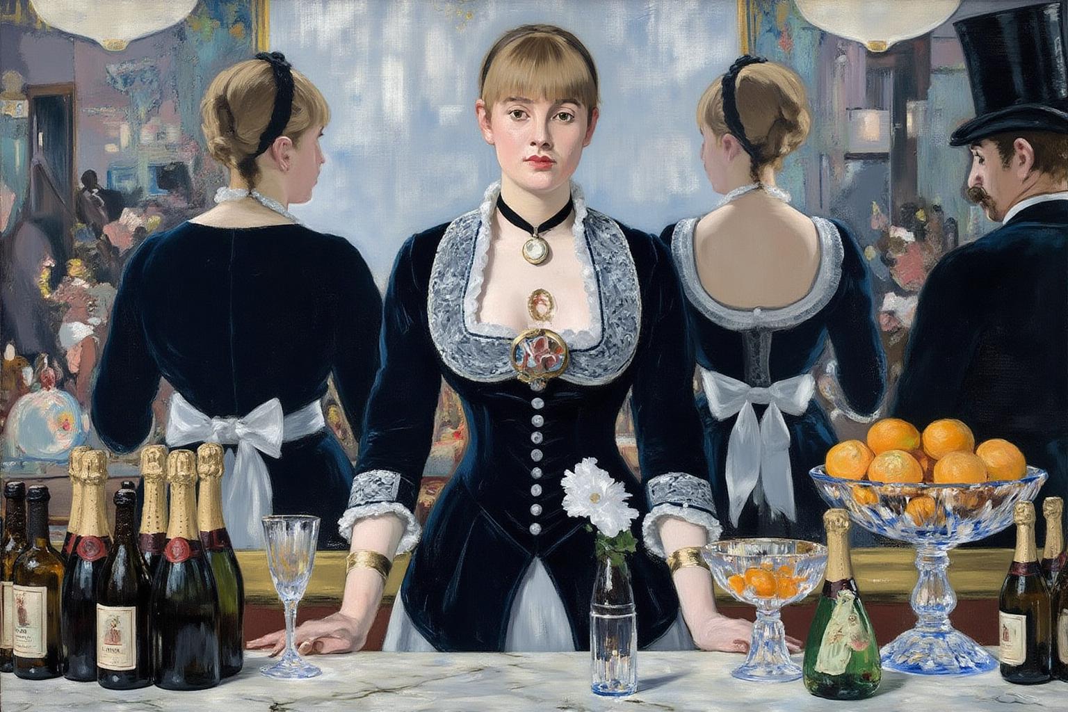 edmanet1 painting.
edmanet1 painting A 19th-century bar with a young barmaid standing behind a lavish marble counter. She has light brown hair styled in a bob and is dressed in a lavish, dark blue velvet dress with intricate white lace trim and a low-cut bodice. The counter is adorned with bottles of wine, champagne, and a glass bowl filled with oranges. 
The wall behind her is a polished reflecting surface, and we see the reflection of her back side and a man, with a mustache, wearing a top hat on the right side of the image.  <lora:edmanet1_cap_d6a3e13:1.0><lora:834011807975862864:0>
