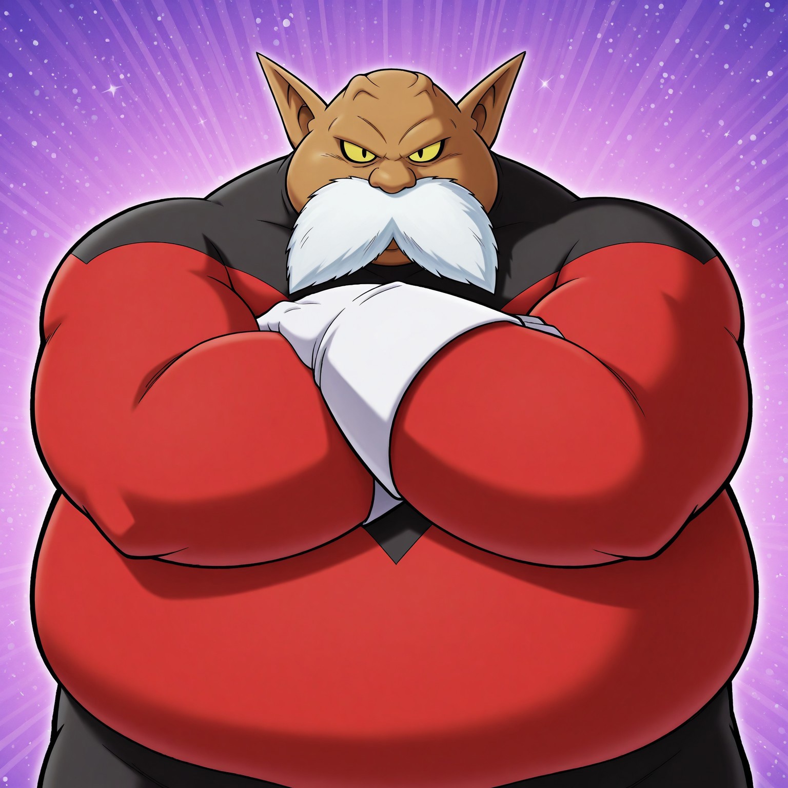 Toppodbs, male, solo, big white mustache, pointy ears, yellow sclera, long sleeve, black pupils, overweight, fat, light brown skin, red and black bodysuit, white gloves, white boots,

BREAK arms crossed, ((upper body focus, half body)), standing, looking at viewer, abstract background, sparkles
