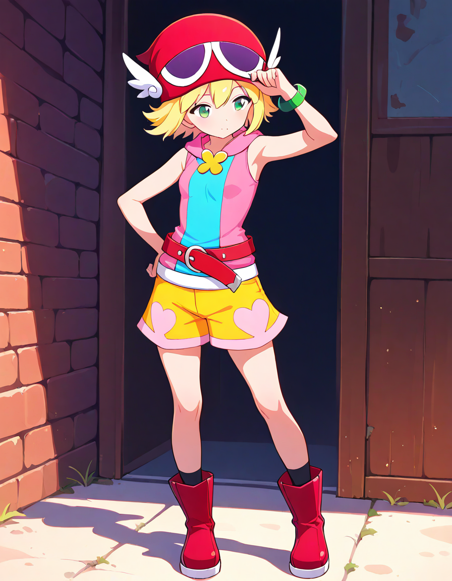 <lora:PAmitie_SDXL_Illustrious01_fp16_ver01:1>,PAmitie, 1girl, solo,blonde hair, short hair,green eyes,hat, shorts,bracelet,pink sleeveless hoodie, blue shirts,red belt,black socks,boots,bold line painting,, masterpiece, best quality, very aesthetic, absurdres,<lora:detailed_hands:1>,hand