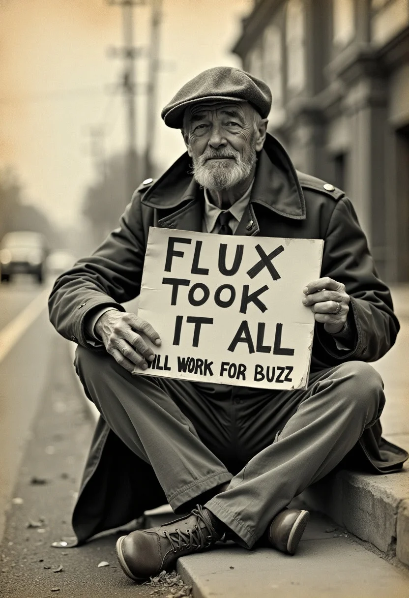 A homeless man sits on the side of the road holding a sign that reads "FLUX TOOK IT ALL" is seen on the top of the image, with the words "WILL WORK FOR BUZZ" printed on the bottom of the image like an old 1950`s style movie poster