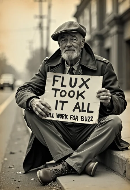 A homeless man sits on the side of the road holding a sign that reads "FLUX TOOK IT ALL" is seen on the top of the image, with the words "WILL WORK FOR BUZZ" printed on the bottom of the image like an old 1950`s style movie poster