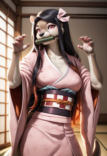 score_9, score_8_up, score_7_up, source_furry, beautiful female otter furry ,1 girl(otter), middle breasts,detailed face,kind look, bit gag, gag, japanese clothes, long hair, kimono, pink kimono, black hair, bamboo,  claw pose, pink eyes, solo, ribbon, asa no ha (pattern), haori, red nails, hair ribbon, checkered sash, sash, obi, fingernails, gagged, sharp fingernails, mouth hold, pink nails, pink ribbon, hc, ,castle room background(night,dark),Furry antro otter dressed like  Nezuko, solo
