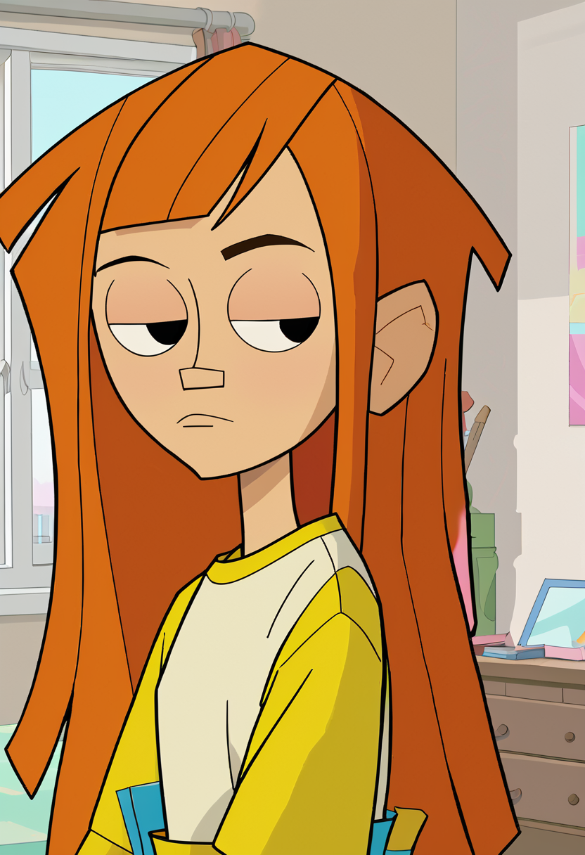 <lora:TwelveForever_Reggie_Pony:0.9>, reggie \(regular\), half-closed eyes, reggie, twelve forever, 1girl, solo, orange hair, long hair, black eyes, bangs, apartment, masterpiece, best quality, score_9, score_8_up, score_7_up