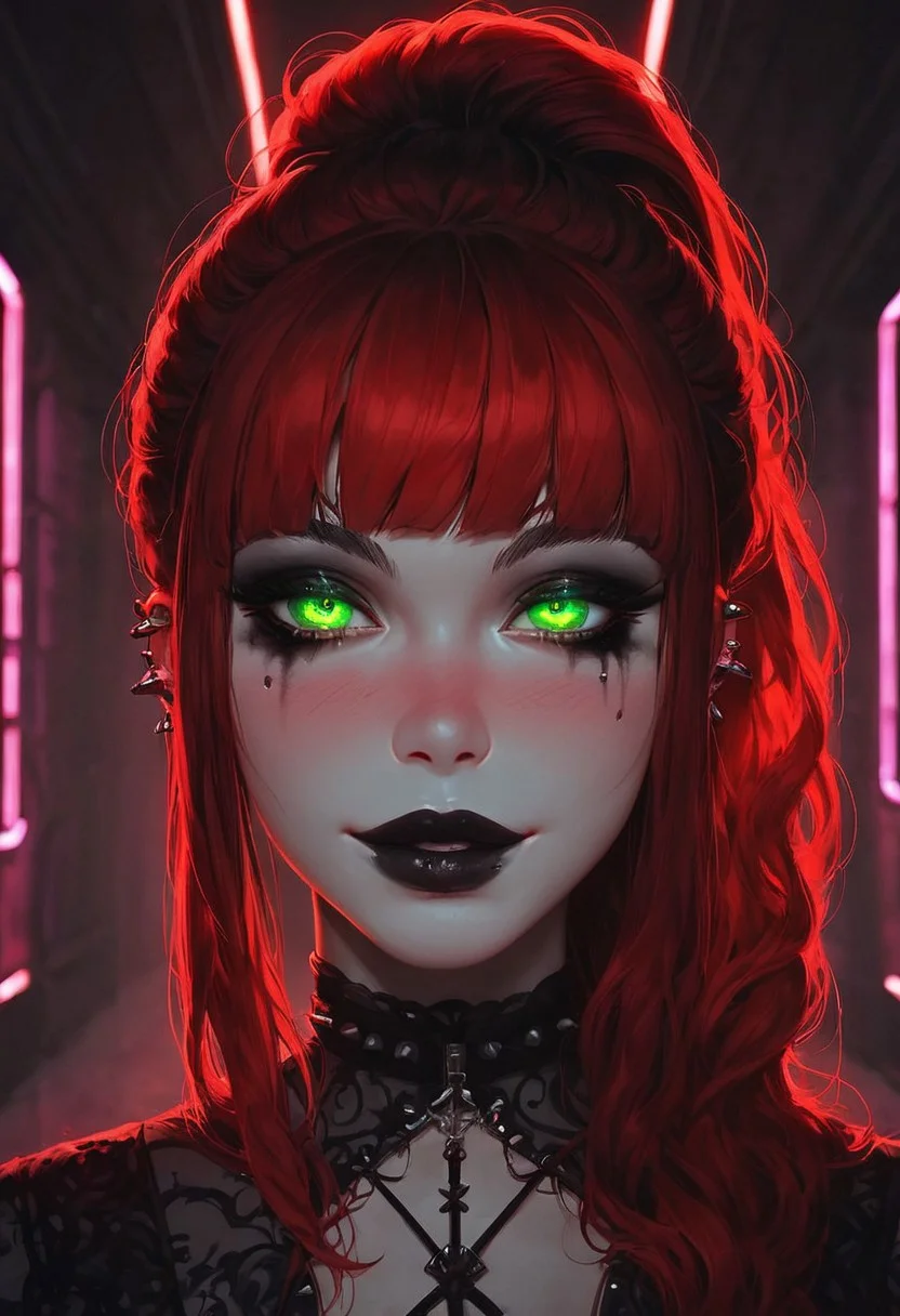 score_9, score_8_up, score_7_up, 1girl, sexy face, ponytail style hair, sexy , cute face , kawai girl, bangs, long red hair, green eyes, nose blush, godrays, goth girl, seductive smile, close up on face, beautiful detailed eyes, beautiful face, highly detailed face, neon lights, hallway, glowing, eye liner, mascara, black lipstick, goth, goth fashion, red hair, glowing eyes