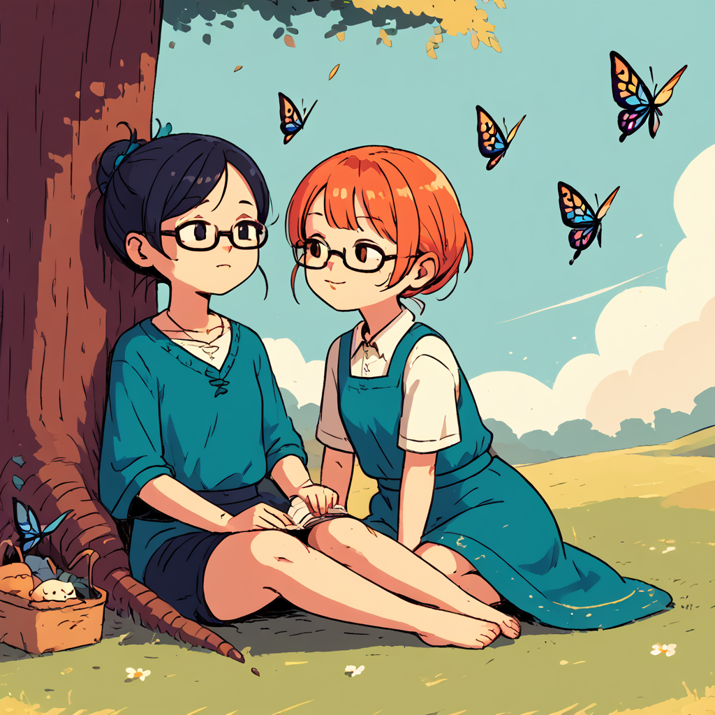 TarotArtStyleCats, outdoors, butterfly, 1girl, glasses, simple art style <lora:ArtStyleCats:1>