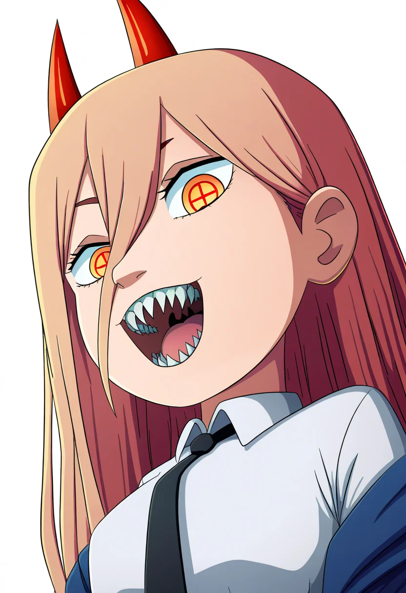 best quality, amazing quality, very aesthetic, absurdres,
1girl, power \(chainsaw man\), pink hair, blonde hair, red horns, red eyes, cross-shaped pupils, long hair, sharp teeth, hair between eyes, symbol-shaped pupils,
collared shirt, black necktie, long sleeves,
looking at viewer, white shirt, open mouth,
simple background, white background, smile, upper body,  <lora:RavenRavenRavenNoob_byKonan:1>
