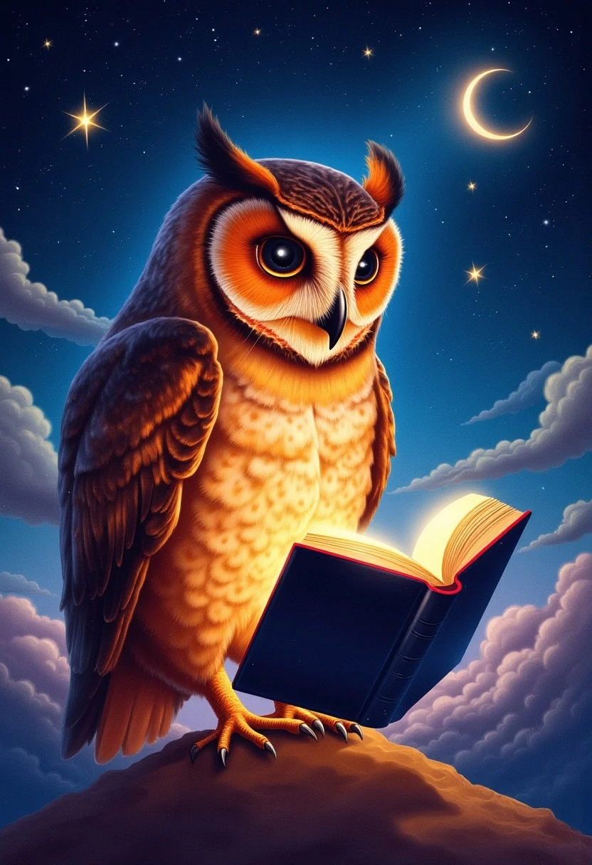 A giant, magical owl reading a glowing book under a starry sky, with tiny constellations coming to life and dancing around, illustration in the style of BRSH