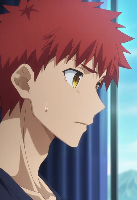 masterpiece, best quality, amazing quality,high resolution, intricate details,depth of field, anime screencap , , , 1boy, solo, male focus, <lora:Shirou_Emiya:0.79>, shirou emiya, red hair, yellow eyes, short hair, from side