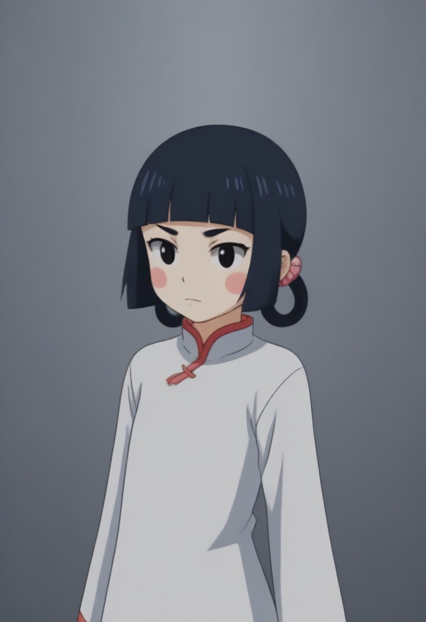 source_anime, anime screencap, source_anime, auratheguillotine, anime screencap, masterpiece, source_anime, shiny skin,,,,,,,,,<lora:jasmineMedi_illustriousXL_v01:1> jasmindef, black hair, blunt bangs, short hair, black eyes, blush stickers, hair rings, sidelocks, small brows, chinese clothes, white dress,