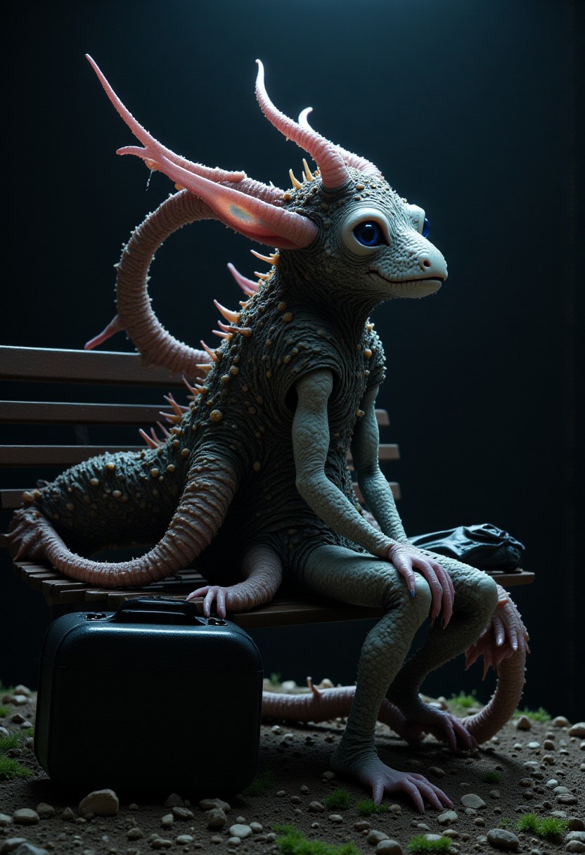 A bizarre monster creature lost it's way, he is sitting alone on a park bench in central park, translucent skin, twilight, magical, w31rd13sfl1, wearing a hat, big eyes, (otherworldly but also mundane), behaved, suitcase next to him, spotlight on him
