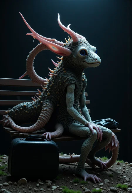 A bizarre monster creature lost it's way, he is sitting alone on a park bench in central park, translucent skin, twilight, magical, w31rd13sfl1, wearing a hat, big eyes, (otherworldly but also mundane), behaved, suitcase next to him, spotlight on him