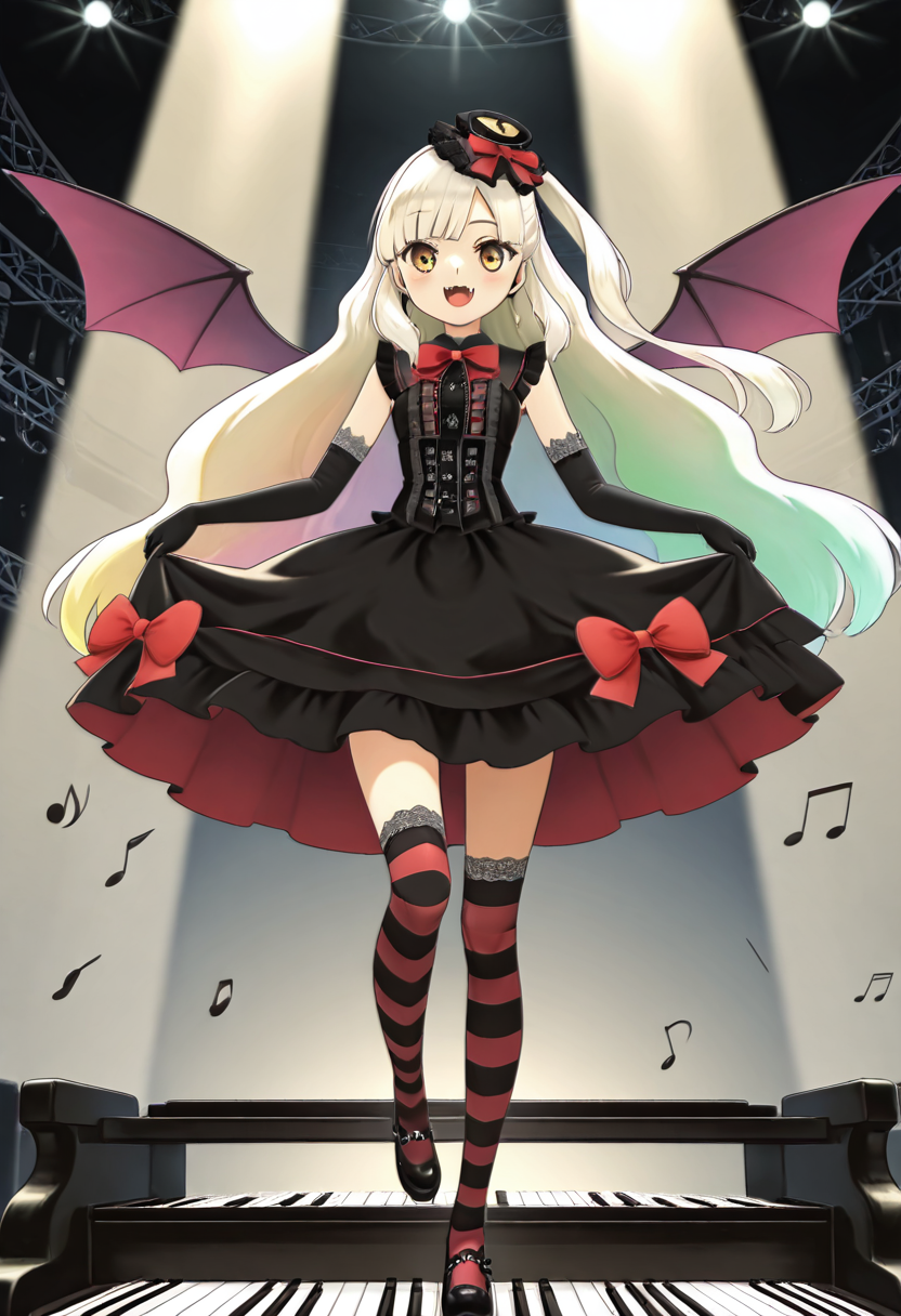 masterpiece, best quality, 1girl, solo,   zzMayu, gothic dress, corset, striped thighhighs, elbow gloves, stage background, standing on piano keys, music notes swirling, spotlight, giant ribbon bow, bat-wing hair accessory, confident pose, tilted head, one leg lifted, smile with fangs, magical glow, concert lights, rich purple and black theme      narrow waist,  , <lora:MAYULoveLogic_IXL:1.0>,