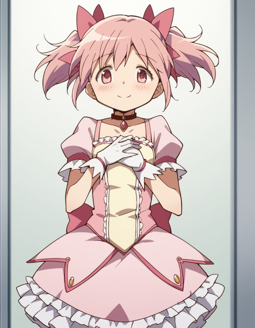 score_9, score_8_up, score_7_up, source_anime, <lora:madoka-kaname-s1-ponyxl-lora-nochekaiser:1>, madoka kaname, short hair, ribbon, twintails, hair ribbon, pink hair, pink eyes, short twintails,, skirt, gloves, dress, bow, choker, puffy sleeves, white gloves, magical girl, bubble skirt,, hospital room, bedside, get well flowers, comforting, quiet, smile, hands on stomach, blush,, looking at viewer, solo,, dutch angle, cowboy shot