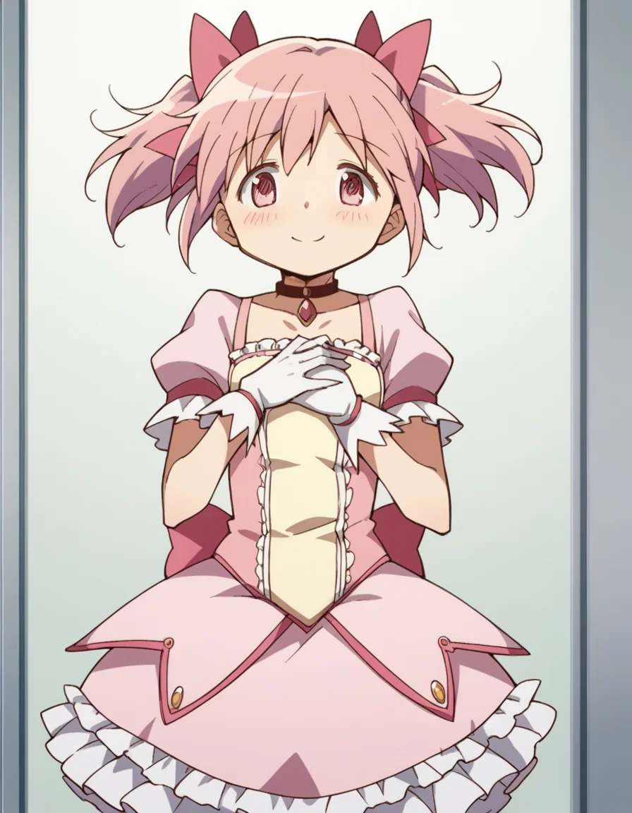 score_9, score_8_up, score_7_up, source_anime, <lora:madoka-kaname-s1-ponyxl-lora-nochekaiser:1>, madoka kaname, short hair, ribbon, twintails, hair ribbon, pink hair, pink eyes, short twintails,, skirt, gloves, dress, bow, choker, puffy sleeves, white gloves, magical girl, bubble skirt,, hospital room, bedside, get well flowers, comforting, quiet, smile, hands on stomach, blush,, looking at viewer, solo,, dutch angle, cowboy shot