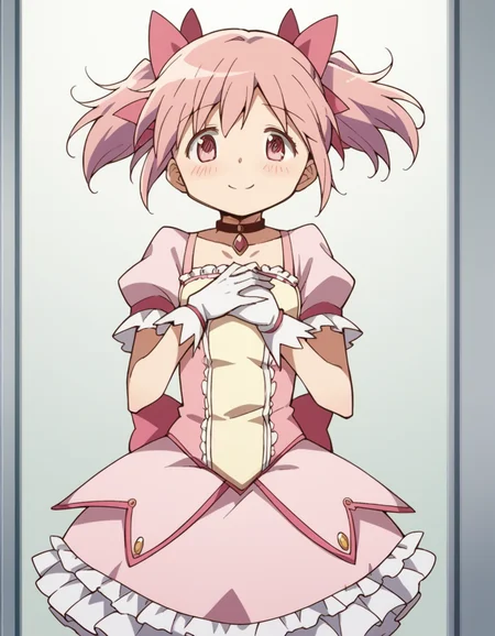 score_9, score_8_up, score_7_up, source_anime, <lora:madoka-kaname-s1-ponyxl-lora-nochekaiser:1>, madoka kaname, short hair, ribbon, twintails, hair ribbon, pink hair, pink eyes, short twintails,, skirt, gloves, dress, bow, choker, puffy sleeves, white gloves, magical girl, bubble skirt,, hospital room, bedside, get well flowers, comforting, quiet, smile, hands on stomach, blush,, looking at viewer, solo,, dutch angle, cowboy shot