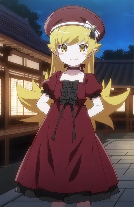 OshinoShinobu. 1girl, long hair, blonde hair, yellow eyes, short pointy ears, red hat, red dress, choker, short sleeves, puffy sleeves, smile, fang, standing, night, japanese house,